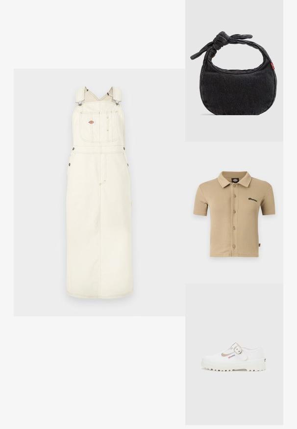 Beež lühikeste varrukatega nööbitav polo-särk kraega, soonilise tekstuuriga ja väike must "Dickies" logo vasakul rindkerel.; Heledad beež värviga denim üleõla kleit, millel on reguleeritavad rihmad, esitee tasku ja metallist detailid. Pikk siluett koos õmmeldud detailidega.; Valge lõuendist Mary Jane stiilis king paksu soonilise tallaga ja hõbedase pandlaga, külje peal väike "Superga" silt.; Väike must teksariidest õlakott sõlmitud rihma ja tõmblukuga sulgemisega, mille küljes on punane Levi's kangast silt.
