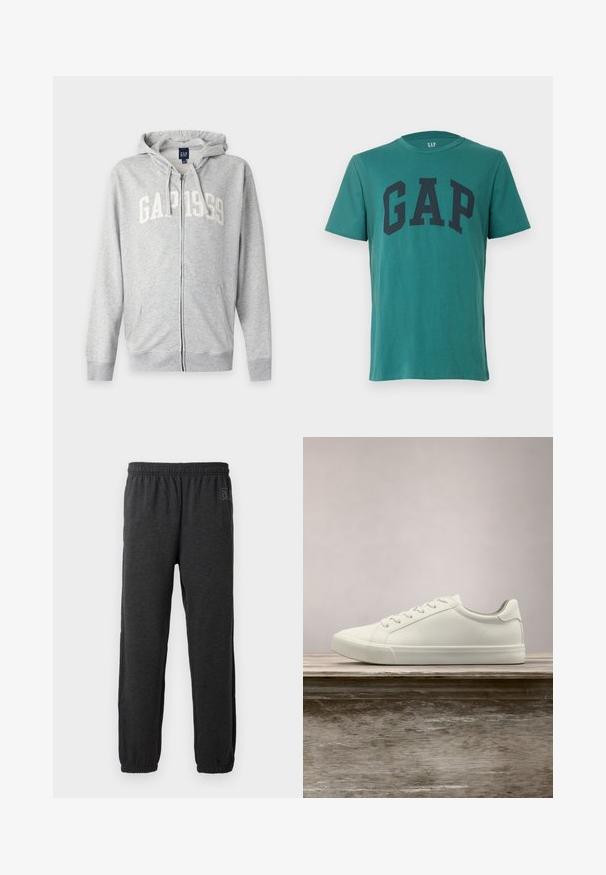 Lichtgrijze hoodie met volledige ritssluiting, een voorzak, verstelbare capuchon met trekkoord en "GAP 1969" in witte letters op de borst gedrukt.; Turquoise T-shirt met korte mouwen en groot zwart "GAP"-logo in het midden van de borst, ronde halslijn en effen achtergrond.; Grijze sweatpants van zacht materiaal, met een elastische tailleband en taps toelopende benen met elastische boorden. Subtiele logo-detail op een been.; Witte vetersneaker die boven een houten bank zweeft met groene bladeren op de achtergrond, waarbij het ontwerp en de textuur van de schoen worden getoond.
