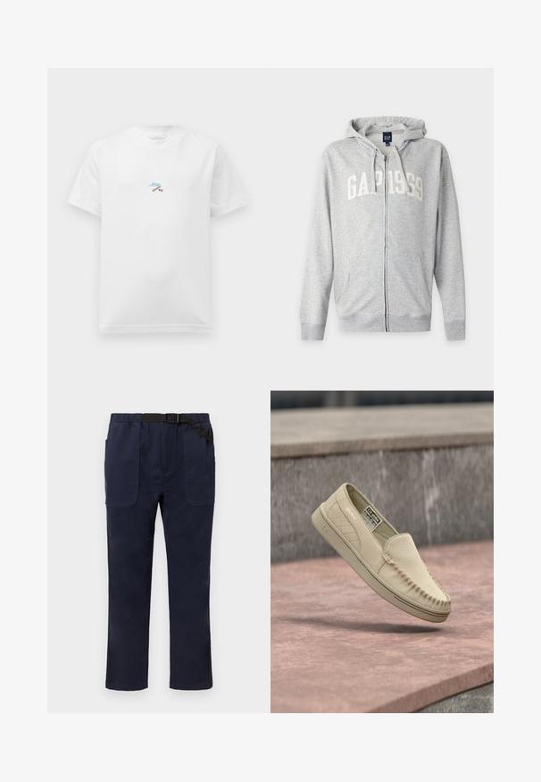 Hellgrauer Hoodie mit durchgehendem Reißverschluss, Fronttasche, verstellbarer Kordelzugkapuze und "GAP 1969" in weißen Buchstaben auf der Brust.; Weißes Kurzarm-T-Shirt mit kleiner, bunter Stickerei von gekreuzten Stöcken und blauer, kursiver Schrift in der Mitte der Brust.; Marineblaue gerade geschnittene Hose mit aufgesetzten Fronttaschen und einem integrierten schwarzen verstellbaren Gürtel an der Taille.; Beiger Wildleder-Slipper mit gestepptem Seitenpanel, Mokassin-Naht und Gummisohle, schwebt über einer Steinfläche.