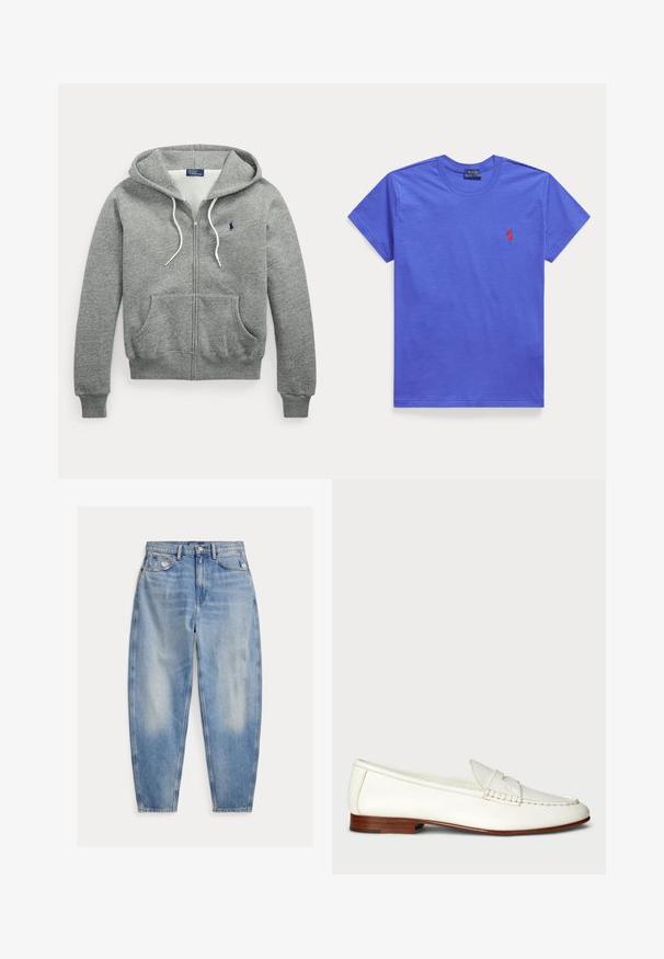 Grå hættetrøje med lynlås, hvide snore, forlommer, ribstrikkede manchetter og et lille mørkeblåt Polo Ralph Lauren-logo på brystet.; Plain blå T-shirt med korte ærmer og rund halsudskæring med lille rødt broderet Polo Ralph Lauren-logo på venstre bryst.; Lyseblå cowboybukser med høj talje med let falmning og slid nær forlommerne, fem-lomme stil og tilspidsede ben.; Hvide læder loafers med en struktureret overflade, rund tå og vævet detalje. Lavt træhæl og minimalistisk design.