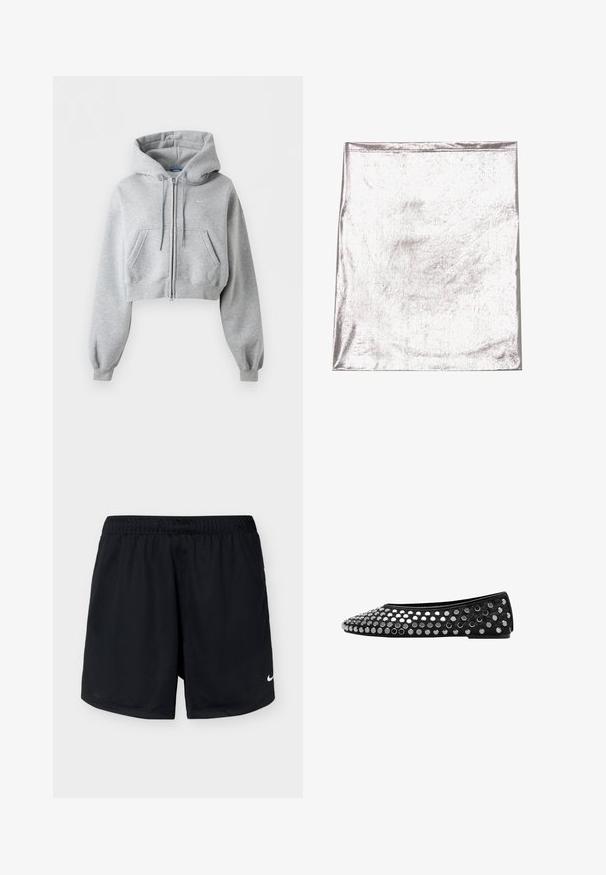 Sweat à capuche court gris clair zippé avec poches avant, capuche à cordon, poignets côtelés et logo Nike discret sur la poitrine.; Tissu argenté métallique avec une texture lisse et un léger éclat. Forme rectangulaire, bords soigneusement cousus, sans motifs ou accents marquants.; Shorts de sport Nike noirs avec une taille élastique et un petit logo Nike blanc sur la partie inférieure de la jambe droite, présentés sur un fond clair uni.; Chaussure plate noire avec un bout arrondi et des embellissements cloutés. Le matériau supérieur est lisse, avec un accent texturé près du bout.