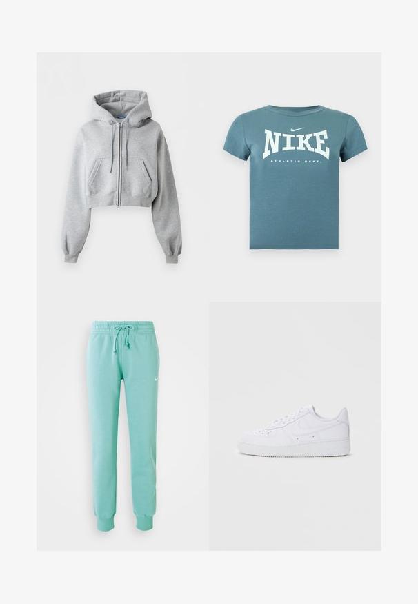 Sudadera con capucha corta en gris claro con cremallera, bolsillos delanteros, capucha con cordón, puños de punto elástico y un sutil logo de Nike en el pecho.; Camiseta Nike de manga corta en color verde azulado con texto blanco "NIKE ATHLETIC DEPT." y pequeño logo swoosh en el pecho, mostrada sobre un fondo liso.; Pantalones de chándal verde menta con cintura elástica, cordón y puños acanalados. Cuenta con un pequeño logo blanco de Nike en el muslo izquierdo.; Zapatillas Nike Air Force 1 blancas con parte superior de cuero, puntera redonda, cierre de cordones, cuello acolchado y suela de goma texturizada.