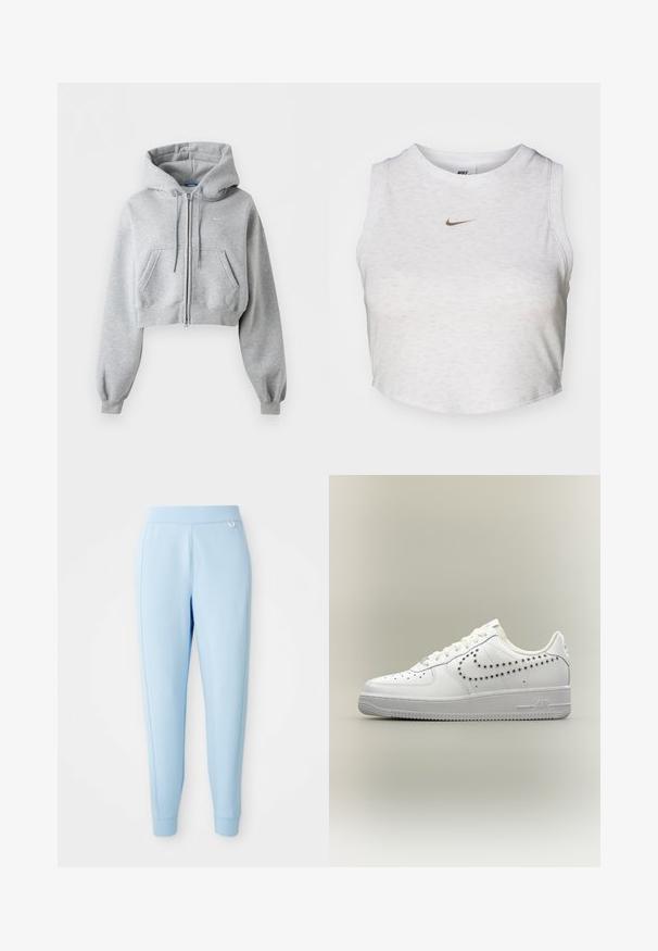 Sudadera con capucha corta en gris claro con cremallera, bolsillos delanteros, capucha con cordón, puños de punto elástico y un sutil logo de Nike en el pecho.; Top corto blanco hecho de una tela suave y texturizada. Presenta un cuello redondo y un diseño sin mangas, con un pequeño logotipo dorado de Nike en la parte delantera.; Pantalones de chándal azul claro hechos de material suave, que presentan una textura lisa, piernas ajustadas y un sutil acento de logo en el costado.; Zapatilla baja blanca con diseño perforado del logo Nike en el lateral, cordones blancos y suela texturizada sobre un fondo neutro.