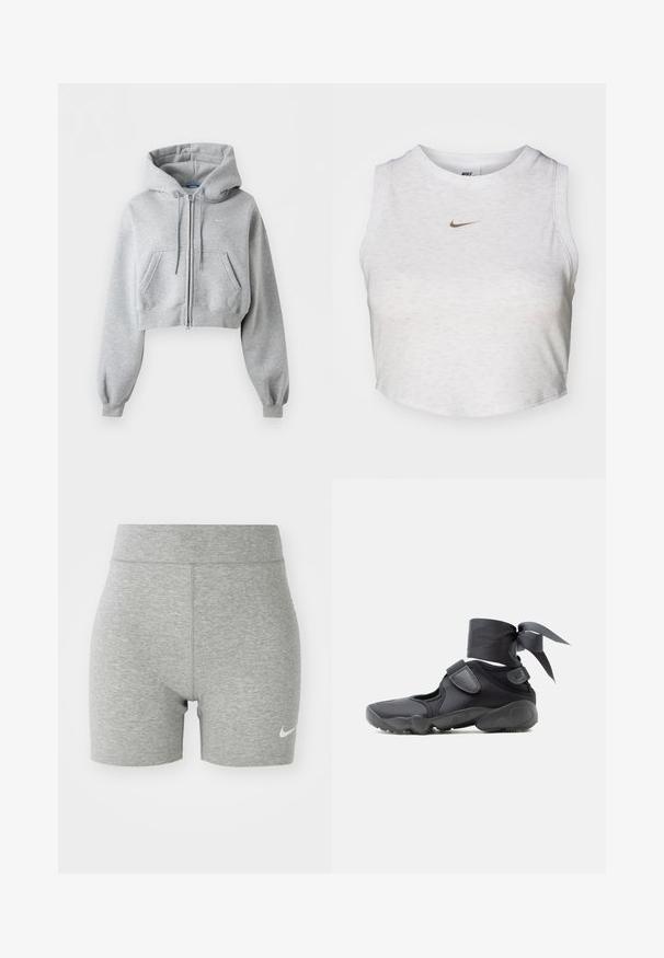 Sudadera con capucha corta en gris claro con cremallera, bolsillos delanteros, capucha con cordón, puños de punto elástico y un sutil logo de Nike en el pecho.; Top corto blanco hecho de una tela suave y texturizada. Presenta un cuello redondo y un diseño sin mangas, con un pequeño logotipo dorado de Nike en la parte delantera.; Shorts deportivos grises hechos de un tejido suave, con una cinturilla alta y un pequeño logo blanco de Nike en la parte inferior izquierda.; Zapatilla deportiva negra con aberturas, correas de velcro y envoltura en el tobillo atada en un lazo, vista lateral sobre un fondo blanco.