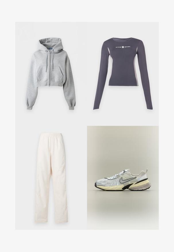 Lysegrå cropped lynlås-hoodie med forlommer, snøre i hætten, ribstrikkede manchetter og et subtilt Nike-logo på brystet.; Mørkegrå langærmet tætsiddende atletiktrøje med lysegrå sidepaneler og hvidt "Nike Shox" logo på brystet.; Løse, cremefarvede bukser med elastisk talje og lige ben, vist mod en ensfarvet hvid baggrund.; Hvid og grå Nike-sneaker med mesh-overdel, sort swoosh, beige mellemsål og sort ydersål på en lys baggrund.