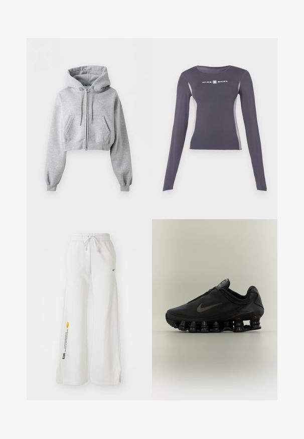 Lysegrå cropped lynlås-hoodie med forlommer, snøre i hætten, ribstrikkede manchetter og et subtilt Nike-logo på brystet.; Mørkegrå langærmet tætsiddende atletiktrøje med lysegrå sidepaneler og hvidt "Nike Shox" logo på brystet.; Hvide, brede sweatsbukser med elastisk talje, snøre, sidespalter, sort Nike-logo og kontrasterende gul grafisk tekst.; Sort Nike-sneaker med lynlåsfunktion øverst og karakteristisk fjederlignende opdelt sål, vist i sideprofil mod en neutral baggrund.