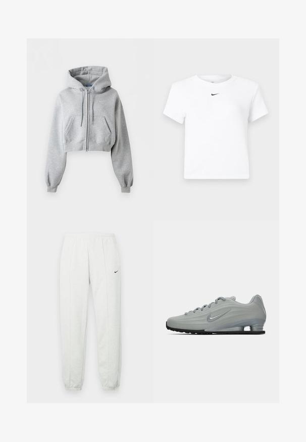 Sudadera con capucha corta en gris claro con cremallera, bolsillos delanteros, capucha con cordón, puños de punto elástico y un sutil logo de Nike en el pecho.; Camiseta corta de manga corta blanca de Nike con un pequeño logo negro de Nike Swoosh centrado justo debajo del escote.; Pantalones deportivos Nike de color gris claro con una cintura elástica, puños ajustados y un pequeño logo negro en el muslo izquierdo. Tela suave y texturizada.; Vista lateral de una zapatilla Nike de color gris claro con cordones, un logotipo de swoosh y una suela de amortiguación transparente sobre un fondo liso.