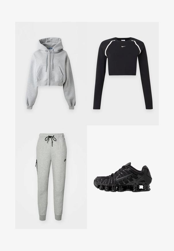 Svetlosivá krátka mikina na zips, s prednými vreckami, kapucňou so sťahovacou šnúrkou, rebrovanými manžetami a jemným logom Nike na hrudi.; Čierny dlhý rukáv crop športový top s bielymi zakrivenými pruhmi na pleciach a malým bielym logom Nike na strede hrudi.; Šedé tepláky vyrobené z mäkkého materiálu s pásom na šnúrku, zúženými nohavicami a zipsovou vreckom na ľavej strane. Obsahujú čierne logo.; Čierna športová obuv s vrchnou časťou z sieťoviny a lesklými detailmi. Obsahuje zakrivené odpruženie a textúrované línie po stranách. Viditeľné logo Nike.