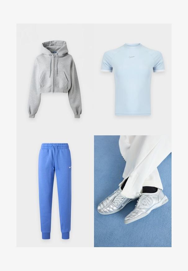 Lichtgrijze cropped zip-up hoodie met voorzakken, capuchon met koord, geribde boorden en subtiel Nike-logo op de borst.; Lichtblauw atletisch shirt met korte mouwen, gemaakt van soepel materiaal. Heeft een ronde halslijn en een subtiel Nike-logo op de borst, met witte accenten.; Blauwe joggingbroek van zacht materiaal, met een elastische tailleband met trekkoord, geribbelde manchetten en een klein wit logo aan de zijkant.; Zilveren sportschoenen met een gladde, glanzende afwerking, voorzien van een gestikt ontwerp en het nummer 90 aan de zijkant, gecombineerd met witte broek.