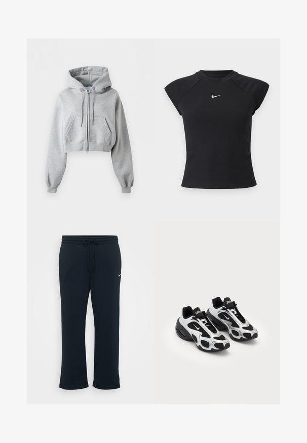 Svetlosivá krátka mikina na zips, s prednými vreckami, kapucňou so sťahovacou šnúrkou, rebrovanými manžetami a jemným logom Nike na hrudi.; Čierny top s krátkym rukávom so žíhanou textúrou, okrúhlym výstrihom a malým bielym logom Nike na hrudi.; Čierne tepláky s elastickým pásom a nastaviteľnou šnúrkou. Obsahujú malé biele logo Nike na ľavej strane. Mäkká textúra látky.; Čierne a strieborné športové topánky s vrchnou časťou z sieťoviny a syntetických materiálov, ktorá sa vyznačuje výrazným vlnitým dizajnom a polstrovaným golierom, so vzduchovým odpružením v podrážke.