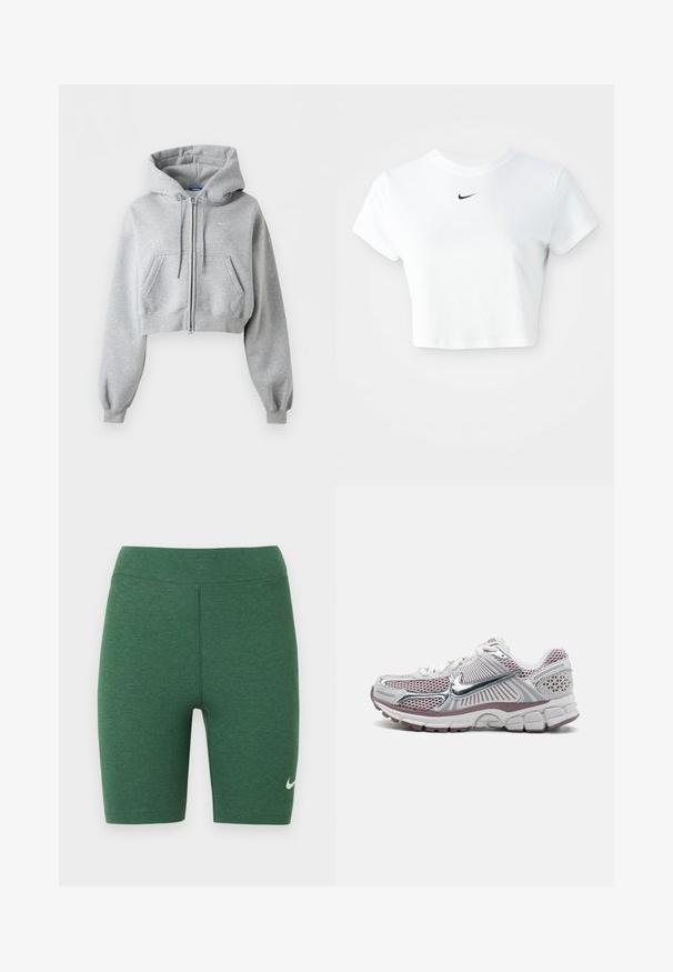 Sudadera con capucha corta en gris claro con cremallera, bolsillos delanteros, capucha con cordón, puños de punto elástico y un sutil logo de Nike en el pecho.; Camiseta corta blanca de algodón, con mangas cortas y cuello redondo, y un logo negro de Nike en el pecho.; Pantalones cortos deportivos verdes hechos de tela elástica. Diseño de cintura alta con costuras planas y un logo blanco de Nike en la parte inferior de la pierna izquierda.; Zapatilla deportiva de Nike con parte superior de malla blanca con detalles plateados, detalles en rosa y una suela gruesa, acolchada y texturizada.