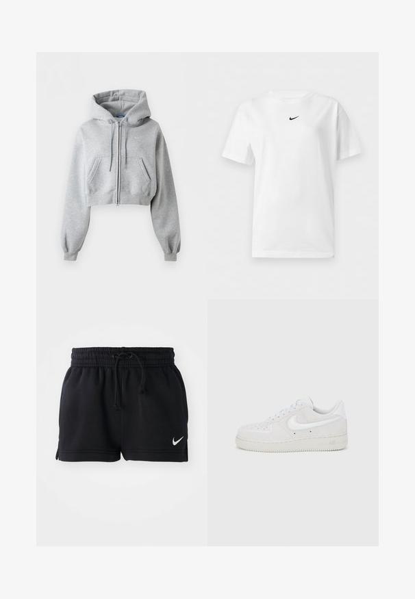 Helehall hall lühike lukuga kapuutsiga dressipluus ees taskutega, paelaga kapuuts, soonikkoes varrukasuu ja tagasihoidliku Nike'i logoga rinnal.; Valge lühikeste varrukatega ümarakaelusega T-särk, millel on väike must Nike Swoosh logo krae lähedal keskel.; Mustad mustad jalgpalli šortsid pehmest kangast, elastse vöökoha ja nööriga, külgslõhedega ning väikese valge logoga allservas.; Valge seemisnahast Nike Air Force 1 toss, millel on tekstuuriga viimistlus, ümaraotstaga ja kontrastse valge logoga aksent ning kummist tald.