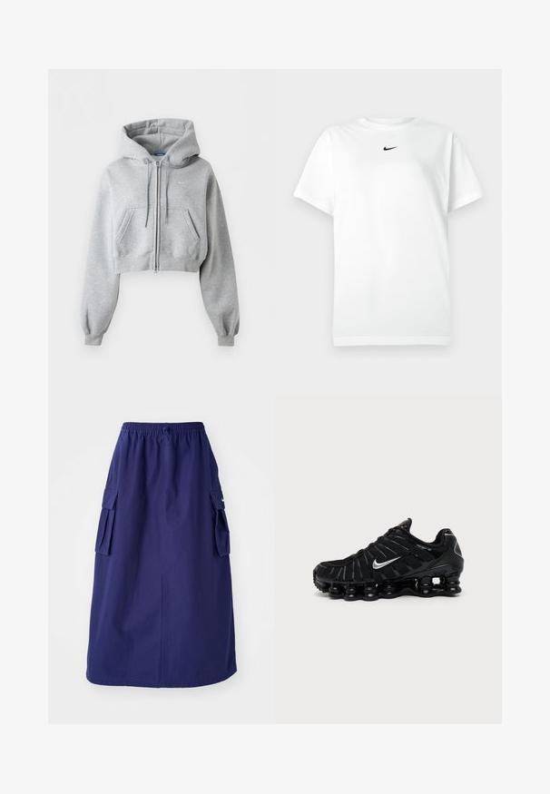 Helehall hall lühike lukuga kapuutsiga dressipluus ees taskutega, paelaga kapuuts, soonikkoes varrukasuu ja tagasihoidliku Nike'i logoga rinnal.; Valge lühikeste varrukatega T-särk ümmarguse kaelusega, millel on väikene must Nike'i logoga silt kaeluse all.; Tumedat sinine, keskpikk seelik elastse vöökohtaga, millel on kaks külgmist cargo-taskut ja minimaalne logo detail. Sile kangastekstuud.; Must Nike sportlik jalanõu hõbedase Swooshi logoga, võrgust ja sünteetilisest materjalist pealiskattega ning iseloomuliku segmentidega polsterdatud tallaga.