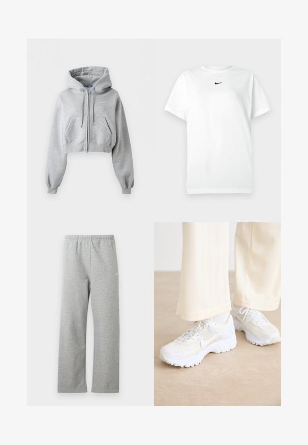 Hellgrauer kurzer Zip-Hoodie mit Fronttaschen, Kordelzug an der Kapuze, gerippten Bündchen und dezentem Nike-Logo auf der Brust.; Weißes T-Shirt mit kurzen Ärmeln und Rundhalsausschnitt, mit kleinem schwarzen Nike-Swoosh-Logo, das zentriert unter dem Halsausschnitt platziert ist.; Hellgraue Jogginghose mit elastischem Bund und kleinem weißen Nike-Logo am oberen Oberschenkel, auf weißem Hintergrund flach liegend dargestellt.; Weiße Sportschuhe mit einem Netzdesign, strukturierten Oberflächen und unterstützenden Sohlen. Schnürsenkel und dezente Markenkennzeichnung an der Seite.