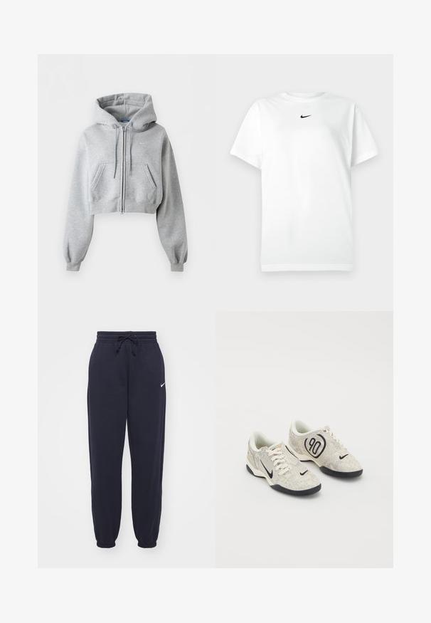 Svetlosivá krátka mikina na zips, s prednými vreckami, kapucňou so sťahovacou šnúrkou, rebrovanými manžetami a jemným logom Nike na hrudi.; Biele tričko s krátkym rukávom a okrúhlym výstrihom, na ktorom je malé čierne logo Nike swoosh umiestnené tesne pod výstrihom.; Nike tepláky v námornej modrej farbe, vyrobené z mäkkého materiálu. Obsahujú elastický pás s šnúrkou a sťahovacie nohavice. Malý biely logotyp ako akcent.; Nike tenisky s béžovým a šedým štruktúrovaným zvrškom, čiernymi akcentmi, veľkým logom "90" a bielym šnurovaním. Čierna podrážka.