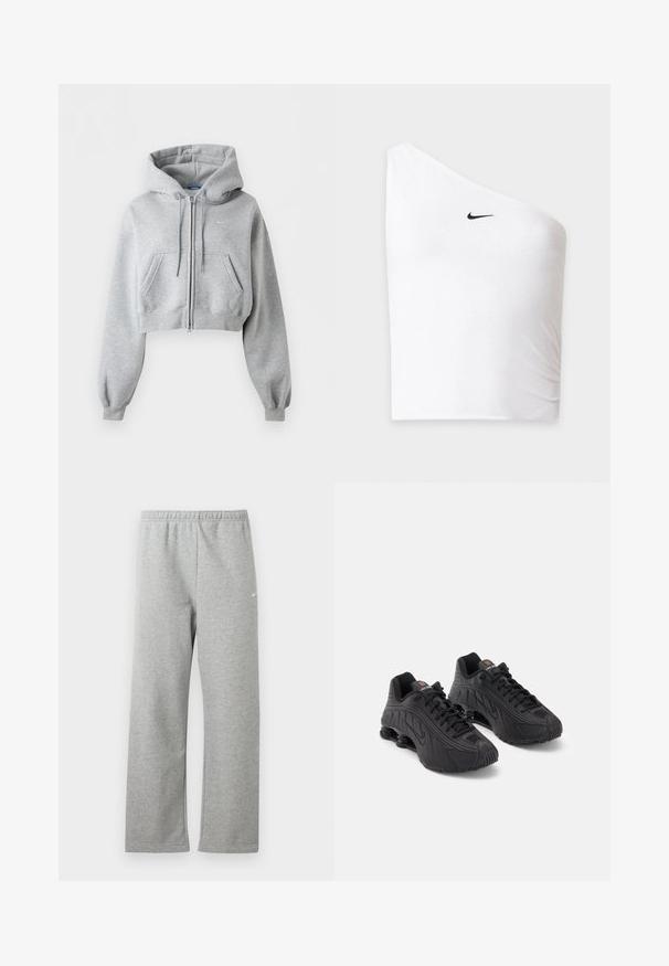 Sudadera con capucha corta en gris claro con cremallera, bolsillos delanteros, capucha con cordón, puños de punto elástico y un sutil logo de Nike en el pecho.; Crop top blanco de Nike con un solo hombro y logo negro de swoosh en el lado delantero izquierdo sobre fondo liso.; Pantalones deportivos gris claro con cintura elástica y un pequeño logo blanco de Nike en la parte superior del muslo, mostrados planos sobre un fondo blanco.; Zapatillas deportivas negras con una parte superior sintética lisa, acentos texturizados, diseño de cordones y amortiguación de resorte visible en el talón.