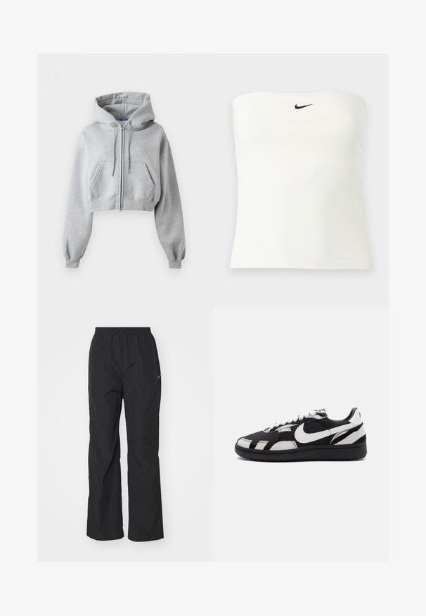 Svetlosivá krátka mikina na zips, s prednými vreckami, kapucňou so sťahovacou šnúrkou, rebrovanými manžetami a jemným logom Nike na hrudi.; Biely bezramienkový Nike trubkový top s čiernym logom swoosh umiestneným v strede blízko horného okraja, zobrazený na jednoduchom svetlom pozadí.; Čierne, ľahké nohavice s elastickým pásom a šnúrkou. Majú textúrovaný povrch a malú reflexnú nášivku na boku.; Čierne a biele tenisky s textúrovaným zvrškom, vybavené výrazným bielym Swooshom Nike a čiernou podrážkou, šnurovaním a vzorovanými akcentmi.