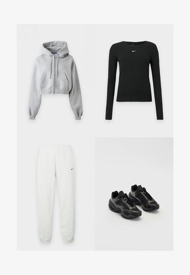 Lysegrå cropped lynlås-hoodie med forlommer, snøre i hætten, ribstrikkede manchetter og et subtilt Nike-logo på brystet.; Sort, langærmet tætsiddende top lavet af ribbet stof, med rund halsudskæring og et diskret hvidt Nike-logo på brystet.; Lysegrå Nike joggingbukser med elastisk taljebånd, tilspidsede manchetter og et lille sort logo på venstre lår. Blødt, tekstureret stof.; Sorte sportssko lavet af syntetisk materiale med mesh-detaljer og afrundede såler. Har snørresystem og fremtrædende Nike-logo på tungen.