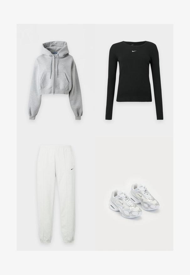 Svetlosivá krátka mikina na zips, s prednými vreckami, kapucňou so sťahovacou šnúrkou, rebrovanými manžetami a jemným logom Nike na hrudi.; Čierne priliehavé tričko s dlhým rukávom z rebrovanej látky, s okrúhlym výstrihom a jemným bielym logom Nike na hrudi.; Svetlosivé tepláky Nike s elastickým pásom, zúženými lemami a malým čiernym logom na ľavom stehne. Mäkká, textúrovaná tkanina.; Biele športové topánky s vrchom z sieťoviny a striebornými akcentmi, unikátnym tvarom a vzduchovým odpružením v päte. Šnurovací dizajn s logom.