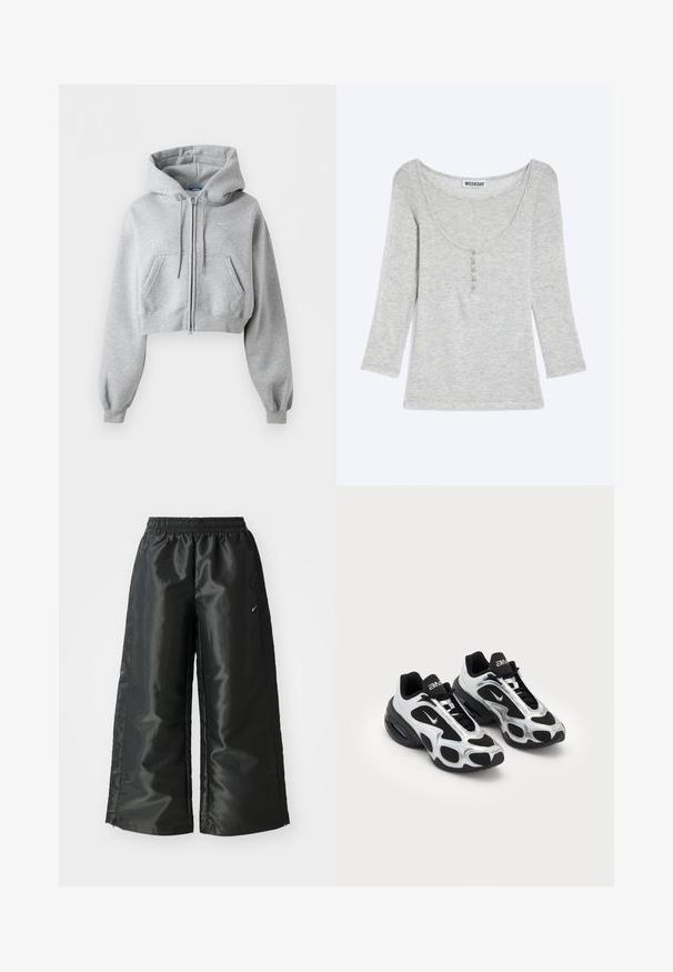 Hellgrauer kurzer Zip-Hoodie mit Fronttaschen, Kordelzug an der Kapuze, gerippten Bündchen und dezentem Nike-Logo auf der Brust.; Hellgraues Langarmshirt mit Rundhalsausschnitt, Knopfleiste vorne und Dreiviertelärmeln, flach auf einem schlichten Hintergrund ausgelegt.; Schwarze Sporthose aus glänzendem, glattem Stoff, mit einem elastischen Bund, weitem Bein und einem kleinen Logo auf der linken Seite.; Schwarze und silberne Sportschuhe mit einem Obermaterial aus Mesh und Synthetik, das ein markantes gewelltes Design aufweist und einen gepolsterten Schaft hat, sowie einer Luftpolsterung in der Sohle.