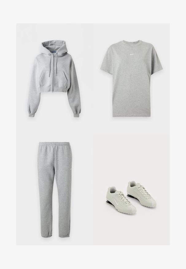 Lysegrå cropped lynlås-hoodie med forlommer, snøre i hætten, ribstrikkede manchetter og et subtilt Nike-logo på brystet.; Grå kortærmet bomuld T-shirt med rund hals og lille hvid Nike swoosh logo centreret på brystet.; Lysegrå Nike joggingbukser med elastisk talje og manchetter, lille hvid Nike swoosh-logo på øverste venstre lår.; Hvide Nike sneakers med en tekstureret overdel, der har en glat tæer og sorte polstringselementer. Snørebåndsstil med forstærket hæl.