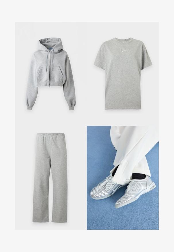 Lysegrå cropped lynlås-hoodie med forlommer, snøre i hætten, ribstrikkede manchetter og et subtilt Nike-logo på brystet.; Grå kortærmet bomuld T-shirt med rund hals og lille hvid Nike swoosh logo centreret på brystet.; Lysegrå joggingbukser med elastisk talje og lille hvidt Nike-logo på øverste lår, vist fladt mod en hvid baggrund.; Sølv athletic sko med en glat, skinnende finish, der har et syet design og nummer 90 på siden, parret med hvide bukser.