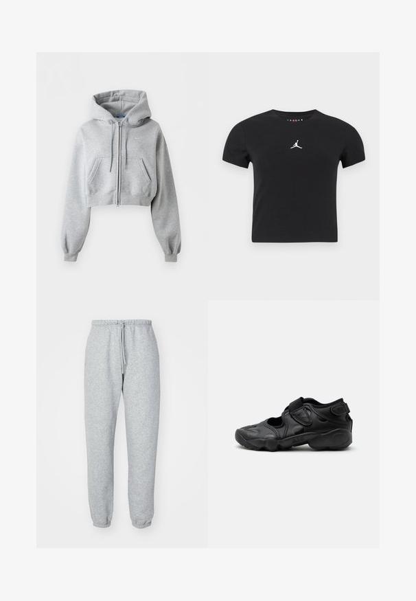 Helehall hall lühike lukuga kapuutsiga dressipluus ees taskutega, paelaga kapuuts, soonikkoes varrukasuu ja tagasihoidliku Nike'i logoga rinnal.; Must have valge Jumpmani logo rinnal must lühikeste varrukatega lühike T-särk, millel on lihtne taust.; Hallid hallid treeningpüksid, mis on valmistatud pehmest, tekstureeritud kangast. Omavad elastset vööd nööriga, kitsenevaid pahkluupesasid ning ei sisalda nähtavaid mustreid ega logosid.; Mustad sportlikud sandaalid suletud varbaga, takjakinnitused sääre keskosas ja kandadel ning paks pehmendusega tald, millel külgmisel küljel kiri "AIR".