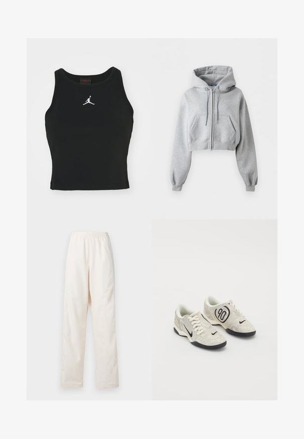 Sweat à capuche court gris clair zippé avec poches avant, capuche à cordon, poignets côtelés et logo Nike discret sur la poitrine.; Débardeur noir ajusté en coton, avec un col rond et un logo Jordan blanc brodé au centre de l'avant. Texture lisse.; Pantalon couleur crème à taille élastique et coupe droite, de coupe ample, présenté sur un fond blanc uni.; Baskets Nike avec une tige texturée beige et grise, des accents noirs, un grand logo "90" et un laçage blanc. Semelle noire.