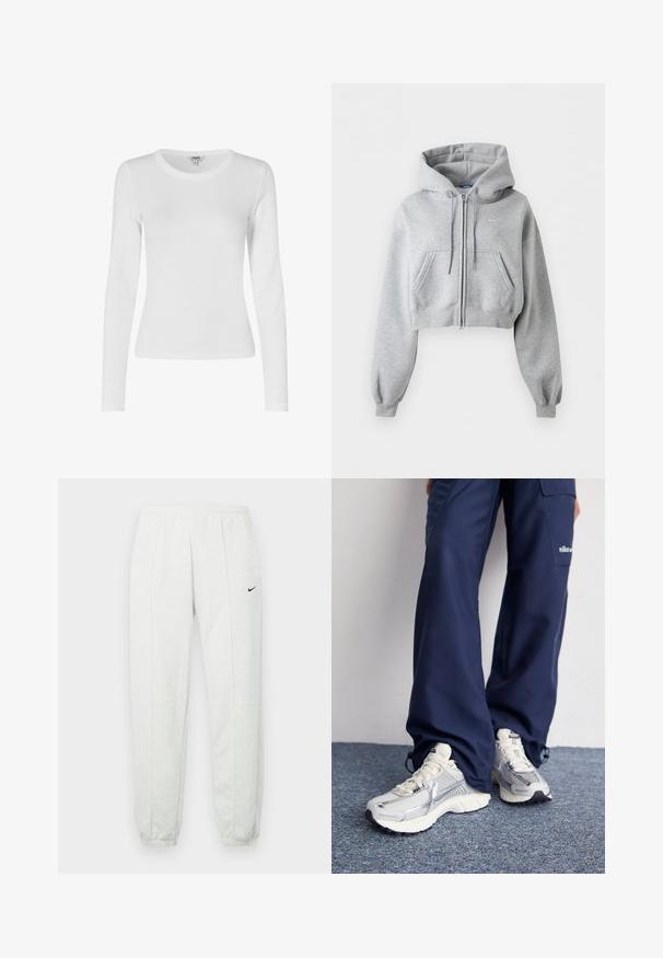 Lysegrå cropped lynlås-hoodie med forlommer, snøre i hætten, ribstrikkede manchetter og et subtilt Nike-logo på brystet.; Langærmet hvid strækbar top med rund halsudskæring, glat tekstur, tætsiddende design og ribbet detaljering langs ærmerne og kanten.; Lysegrå Nike joggingbukser med elastisk taljebånd, tilspidsede manchetter og et lille sort logo på venstre lår. Blødt, tekstureret stof.; Nike sportssko med en sølvfarvet mesh-overdel, hvide detaljer og strukturerede såler, parret med løstsiddende navy bukser.