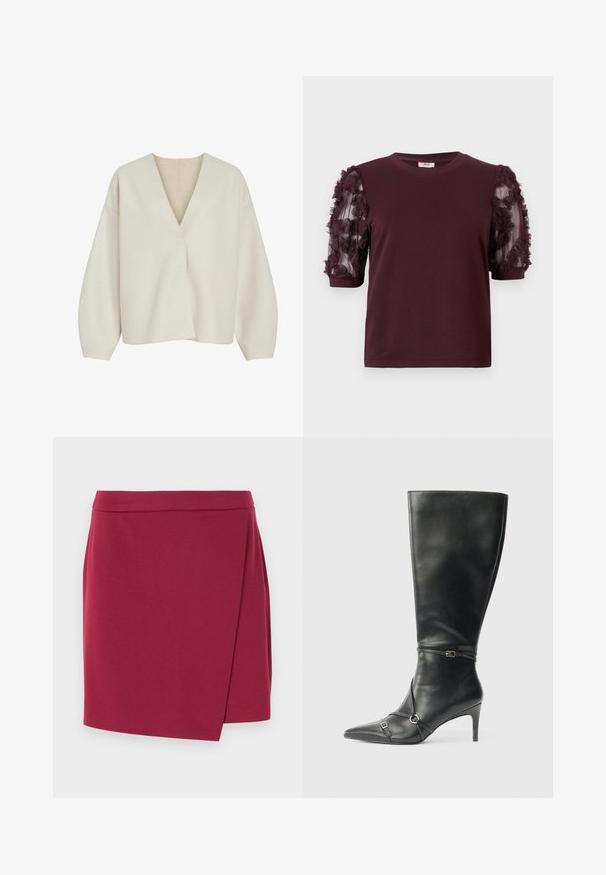 Pull-over crème avec un décolleté en V profond, coupe ample et épaules tombantes. Tissu doux et texturé sans fermetures ni motifs visibles.; T-shirt bordeaux à manches courtes en tissu doux, avec des manches en tulle ornées de volants floraux texturés.; Jupe portefeuille en bordeaux profond, confectionnée dans un tissu doux. Elle présente une ceinture lisse et un ourlet asymétrique pour une silhouette fluide.; Bottes noires en cuir montant jusqu'au genou, avec un talon fin, un bout pointu et des détails de lanière à la cheville. Texture lisse et design ajusté.