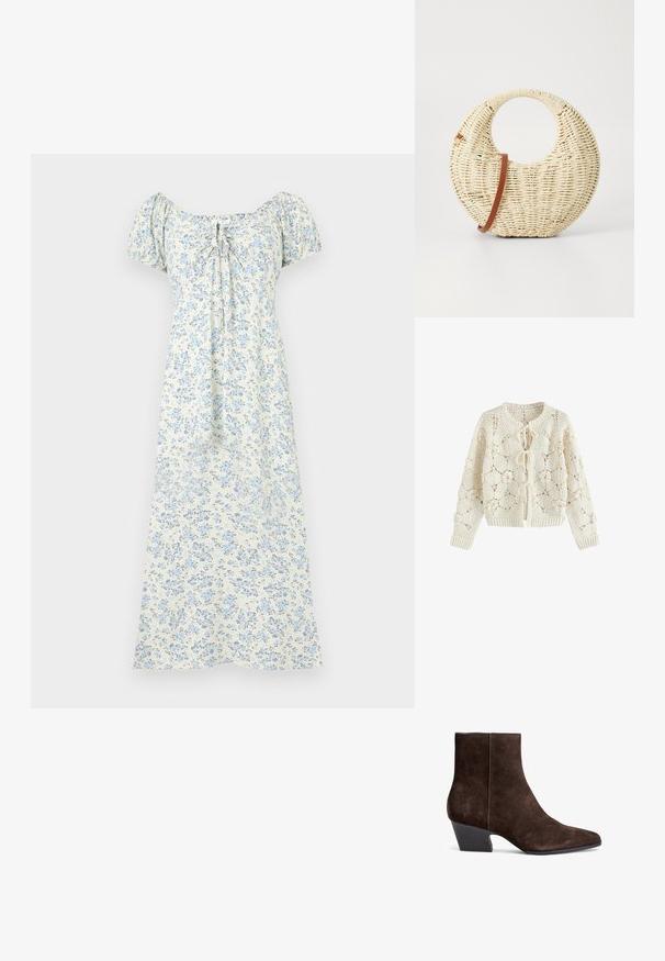 Creamfarvet hæklede cardigan med blomstertryk og tre bindelukninger foran, lange ærmer samt ribstrikkede manchetter og kant.; Hvid midi-kjole med lyseblåt blomsterprint, korte pufærmer, rynket halsudskæring og bindedetalje foran.; Brune ruskind ankelstøvler med spidse tæer, mellemhøj blokhælt og minimal syning for et elegant udseende.; Rund flettet taske i naturligt strå med en tekstureret overflade. Har en glat brun læderrem og et cirkulært håndtag.