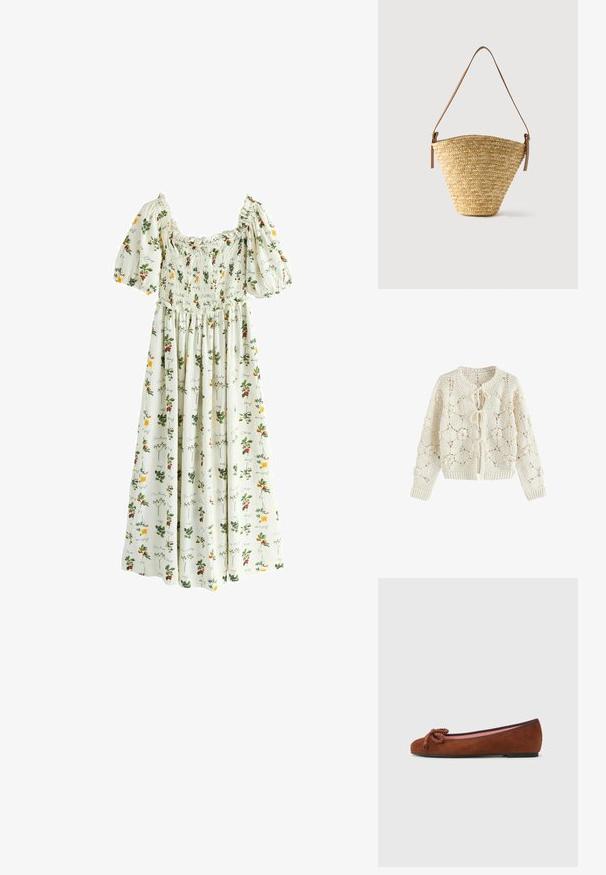 Cardigan au crochet couleur crème avec motifs floraux et trois fermetures à nouer devant, manches longues et poignets et ourlet côtelés.; Robe maxi blanche à manches bouffantes, corsage froncé, motifs floraux et fruitiers multicolores avec texte en écriture cursive.; Ballet flat en cuir suédé marron avec un bout arrondi, dotée d'un nœud décoratif à l'avant et d'une doublure intérieure rose contrastante. Semelle plate.; Sac seau en paille tissée avec une base large, un sommet étroit et une bandoulière en cuir marron ajustable.