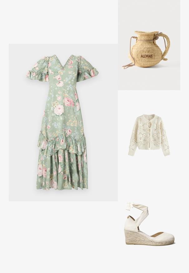 Cremefarbener Häkelcardigan mit Blumenmustern und drei vorderen Binderverschlüssen, langen Ärmeln sowie gerippten Bündchen und Saum.; Blumenkleid in sanftem Grün mit V-Ausschnitt, Puffärmel, Rüschendetails und gestuftem Saum. Mit pinken Rosen und kleinen blauen Blumen.; Weiße Keilabsatzschuhe aus Leinwand mit Knöchelband, Jutewickelabsatz, runder Zehenpartie und Obermaterial aus strukturiertem Stoff. Der Keil hat eine Höhe von etwa 7 cm.; Runde, geflochtene Strohtasche mit Kordelgriff und dem Schriftzug "ALEMAIS" auf der Seite, in braunem Garn gestickt.