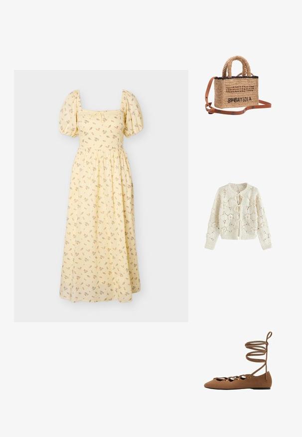 Cardigan au crochet couleur crème avec motifs floraux et trois fermetures à nouer devant, manches longues et poignets et ourlet côtelés.; Robe midi jaune avec manches bouffantes, encolure carrée, imprimé floral délicat et taille froncée.; Ballerines en suède marron avec un bout pointu, un design découpé et des sangles croisées. Elles présentent des œillets dorés et une semelle plate.; Sac à main en paille tressée avec poignées courtes, finition noire, texte brodé noir "BIMBA Y LOLA" et bandoulière amovible en cuir marron avec détails de boutons.