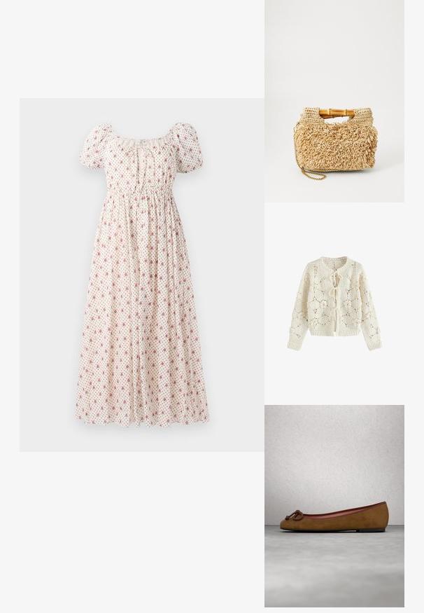 Cremefarbener Häkelcardigan mit Blumenmustern und drei vorderen Binderverschlüssen, langen Ärmeln sowie gerippten Bündchen und Saum.; Blumenkleid aus leichtem Stoff, mit quadratischem Ausschnitt, kurzen Puffärmeln, elastischem Taillenbund und einem beigen Hintergrund mit roten Blumen.; Braune Wildleder-Ballettschuhe mit abgerundeter Zehenpartie, die eine geknotete Verzierung an der Vorderseite, dünne rote Einfassung und eine flache schwarze Sohle aufweisen.; Geflochtene Strohtasche mit Bambusgriffen, ausgestattet mit einem strukturierten Fransen-Design in natürlichem Beige und einem goldenen Kettenriemen.