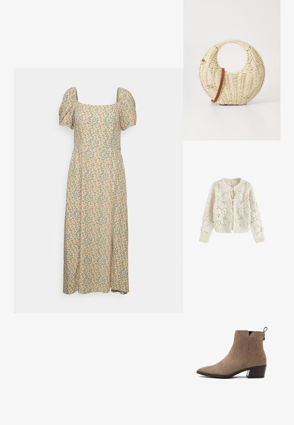 Creamfarvet hæklede cardigan med blomstertryk og tre bindelukninger foran, lange ærmer samt ribstrikkede manchetter og kant.; Even&Odd by Zalando Hverdagskjole - green/pink; Brune ruskinds ankelstøvler med spids tå, lav blokhæl og en løkke bagpå. Glat tekstur med minimale syninger.; Rund flettet taske i naturligt strå med en tekstureret overflade. Har en glat brun læderrem og et cirkulært håndtag.