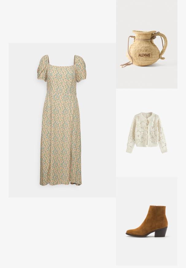 Creamfarvet hæklede cardigan med blomstertryk og tre bindelukninger foran, lange ærmer samt ribstrikkede manchetter og kant.; Even&Odd by Zalando Hverdagskjole - green/pink; Brune ruskind ankelstøvle med spids tå og stablet hæl. Glat tekstur med lynlås i siden til lukning. Klassisk design og form.; Rund flettet stråtaske med håndtag af reb og "ALEMAIS" broderet på siden med brunt garn.