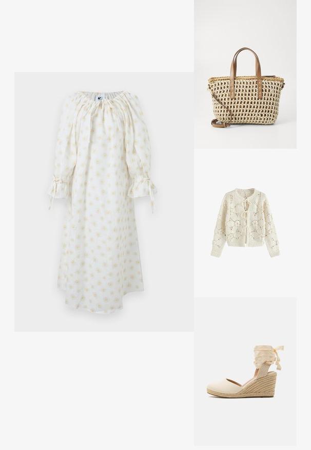 Creamfarvet hæklede cardigan med blomstertryk og tre bindelukninger foran, lange ærmer samt ribstrikkede manchetter og kant.; Hvid langærmet midikjole med samlet halsudskæring, snørre ved ærmegab og gul margueritblomstret mønster.; Beige espadrille kile med overdel i kanvas, åben tå og bløde båndsnore. Teksturiseret jutekile med et fletmønster.; Vævet stråtaske i naturlige og beige farver, med læderhåndtag og en aftagelig rem, åben design uden lukning.