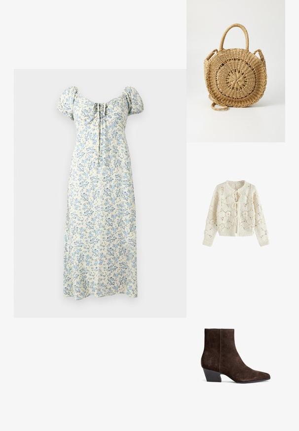 Cardigan au crochet couleur crème avec motifs floraux et trois fermetures à nouer devant, manches longues et poignets et ourlet côtelés.; Robe midi crème à imprimé floral bleu, manches bouffantes, encolure carrée froncée et détail noué à l'avant.; Bottines en suede marron avec un bout pointu, un talon bloc moyen et un minimum de couture pour une apparence épurée.; ONLY ONLPENELOPE BEACH ROUND CROSSOBODY - Sac bandoulière - toasted coconut
