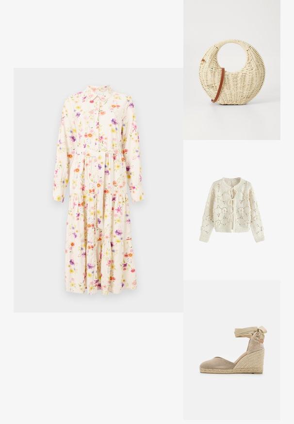 Creamfarvet hæklede cardigan med blomstertryk og tre bindelukninger foran, lange ærmer samt ribstrikkede manchetter og kant.; Blomstret kjole med lange ærmer, krave, knappet fortil og lagdelt skirt. Stoffet har et pastelfarvet blomstermønster på en kremfarvet baggrund.; Beige espadrille kile med en tekstureret stofoverdel, vævet jutehæl og et bånd, der ties om anklen for en sikker pasform.; Rund flettet taske i naturligt strå med en tekstureret overflade. Har en glat brun læderrem og et cirkulært håndtag.