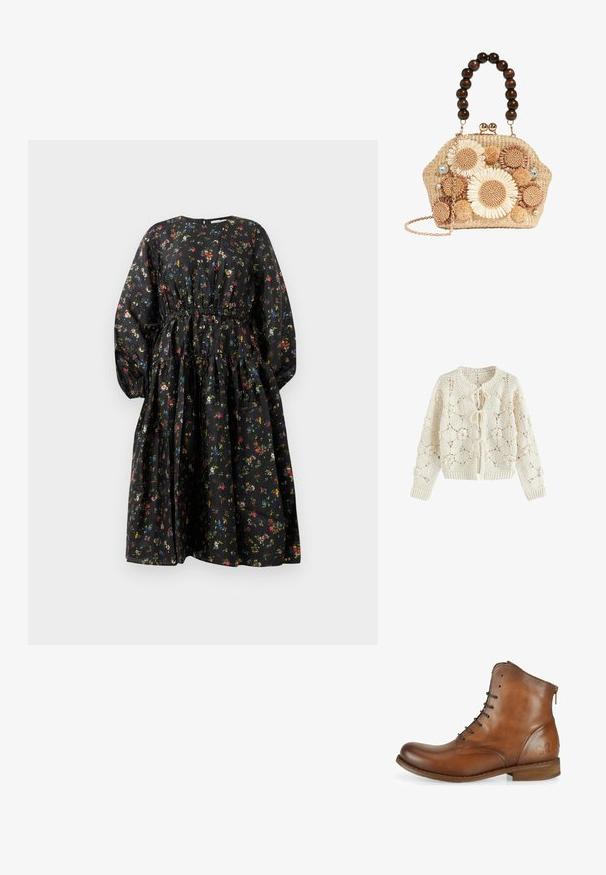 Creamfarvet hæklede cardigan med blomstertryk og tre bindelukninger foran, lange ærmer samt ribstrikkede manchetter og kant.; Sort blomsterkjole med lange ærmer, indsnævret talje og lagdelt nederdel. Har et farverigt blomsterprint og en glat stoftekstur.; Brun læder ankelstøvle med en glat overflade, afrundet tå, snørebånd fortil og en lille lynlåsdetalje bagpå. Sommerfugl-logo på siden.; Vævet stråhåndtaske med stor mørk træperlehåndtag, blomstrede hæklet dekorationer, pomponer, rhinsten og en guldkæde.