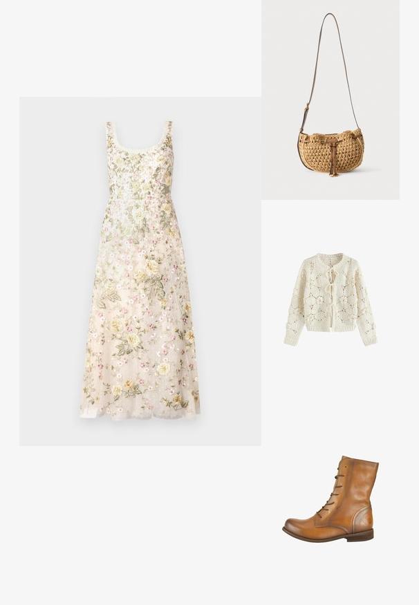 Cremefarbener Häkelcardigan mit Blumenmustern und drei vorderen Binderverschlüssen, langen Ärmeln sowie gerippten Bündchen und Saum.; Needle & Thread FLORINE SCOOP NECK BALLERINA DRESS - Ballkleid - cream; Braune Leder-Stiefeletten mit glatter Textur, abgerundeter Spitze, sechs Schnürösen und einem dezenten, geprägten Logo an der Ferse.; Kleine hellbraune gewebte Schultertasche mit verstellbarem braunen Ledertragegurt und vorderem Lederbindedetail, hängend vor weißem Hintergrund.