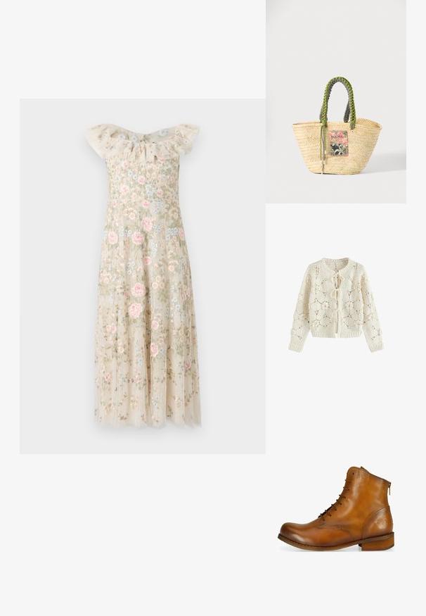 Cremefarbener Häkelcardigan mit Blumenmustern und drei vorderen Binderverschlüssen, langen Ärmeln sowie gerippten Bündchen und Saum.; Besticktes Kleid mit einem gerafften, schulterfreien Ausschnitt. Beiges Material verziert mit rosa und blauen Blumenmustern, das einen fließenden Rock besitzt.; Braune Leder-Ankle-Boots mit abgerundetem Zehenbereich, Schnürung an der Vorderseite, seitlichem Reißverschluss und einem niedrigen Holzabsatz. Mit einem dezenten, eingeprägten Logo an der Ferse.; Geflochtene beige Strohtasche mit geflochtenen grünen und schwarzen Griffen und einem bunten rechteckigen Aufnäher auf der Vorderseite.