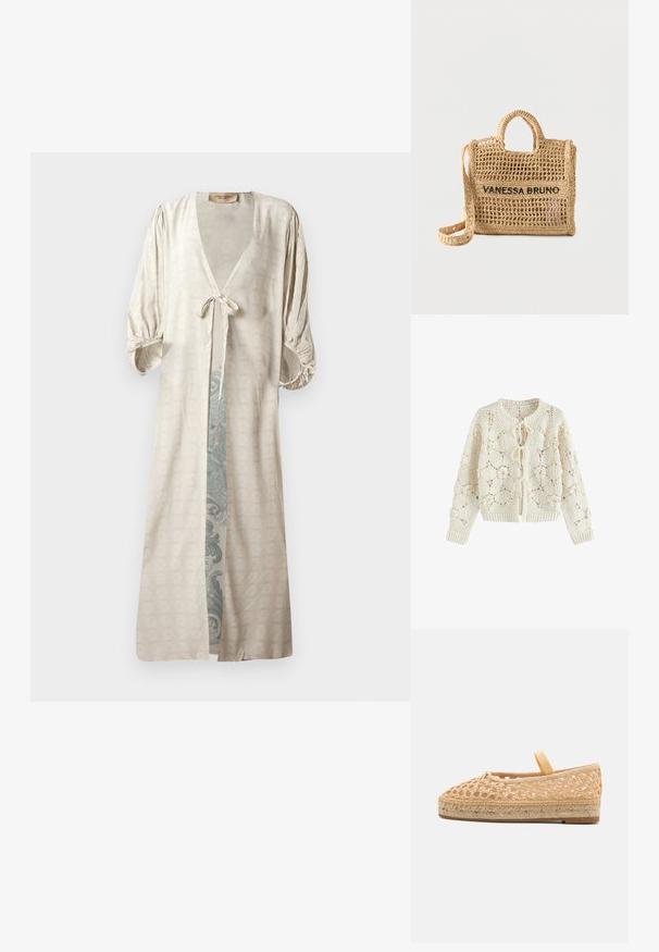 Creamfarvet hæklede cardigan med blomstertryk og tre bindelukninger foran, lange ærmer samt ribstrikkede manchetter og kant.; Silkefin, creme kimono-stil morgenkåbe med dyb V-udskæring, bælte i taljen og puffede ærmer. Har et prydet, teal mønster indeni.; Loeffler Randall KAYLA - Espadrilles - natural; Vævet beige håndtaske med to håndtag, lang rem, åben vævning og "VANESSA BRUNO" broderet i sort på forsiden.