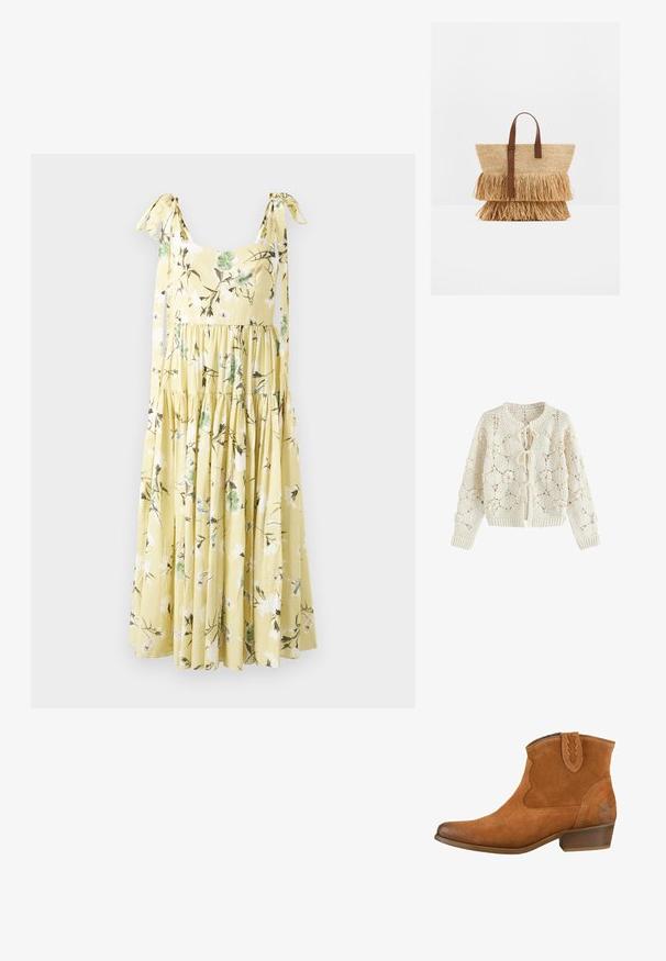 Cremefarbener Häkelcardigan mit Blumenmustern und drei vorderen Binderverschlüssen, langen Ärmeln sowie gerippten Bündchen und Saum.; Gelbes Midikleid mit weißem und grünem Blumenmuster, gestuftem Rock und gebundenen Schulterträgern auf einem schlichten Hintergrund.; Tanfarbene Wildleder-Ankle-Boots mit spitzer Zehe, dekorativen Nähten und niedrigem, gestapeltem Absatz. Mit einem Zuglasche mit Zickzackkante.; Geflochtene Strohtasche mit zwei Lagen Strohborte und hellbraunen Ledergriffen, die auf einer weißen Oberfläche aufrecht steht.