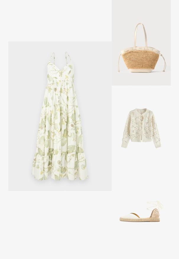 Creamfarvet hæklede cardigan med blomstertryk og tre bindelukninger foran, lange ærmer samt ribstrikkede manchetter og kant.; Maxi kjole i let materiale med et blomstermønster i grønne og gule nuancer, med en v-udskæring og tieret flæsekant.; Hvid espadrille med flad sål i flettet jute, vævet tekstureret hælkappe og stroplukking omkring anklen på hvid baggrund.; Beige flettet stråtote taske med cremefarvede læderhåndtag, kant og snore sider på en lysegrå baggrund.