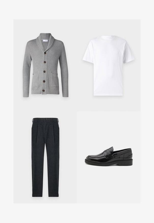 Cárdigan de punto gris con cuello chal, cinco botones marrones, dos bolsillos frontales y puños acanalados. El tejido texturizado ofrece una apariencia acogedora.; Camiseta blanca de manga corta hecha de algodón con cuello redondo, que presenta una textura suave y un diseño simple sin patrones ni acentos.; Pantalones de mezcla de lana gris con dos pliegues frontales, trabillas para cinturón, bolsillos laterales y cierre de botón. Diseño de pierna recta con una textura suave.; Mocasines de cuero negro con un acabado suave, punta redondeada, tacón bajo y costura decorativa en la parte delantera. Suela de goma para mayor agarre.