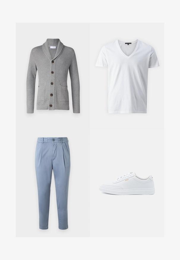 Cárdigan de punto gris con cuello chal, cinco botones marrones, dos bolsillos frontales y puños acanalados. El tejido texturizado ofrece una apariencia acogedora.; Camiseta de algodón blanca con un diseño de cuello en V, mangas cortas y una textura suave. Estilo simple y sin adornos.; Pantalones de corte recto en azul claro, fabricados en un tejido suave, con frente plano, pinzas y cierre de botón. Cuentan con bolsillos laterales y dobladillos con puños.; Zapatillas de cuero blanco con textura suave, puntera redondeada y costuras tonales. Cuentan con cordones azules y un logo dorado en el lateral.