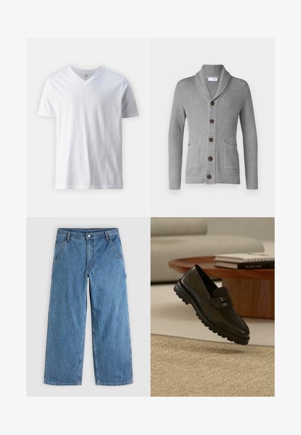 Cardigan tricoté gris avec un col châle, cinq boutons marron, deux poches avant et des poignets côtelés. Le tissu texturé donne une apparence confortable.; T-shirt blanc à manches courtes et décolleté en V en coton. Présente un design sobre avec une texture lisse et une coupe décontractée.; Jean bleu à jambes larges avec fines rayures verticales blanches, poches avant, passants pour ceinture et fermeture par bouton à la taille.; Mocassin en cuir noir avec semelle épaisse à crampons flottant au-dessus d'un tapis beige texturé, table basse ronde en bois et livres empilés en arrière-plan.