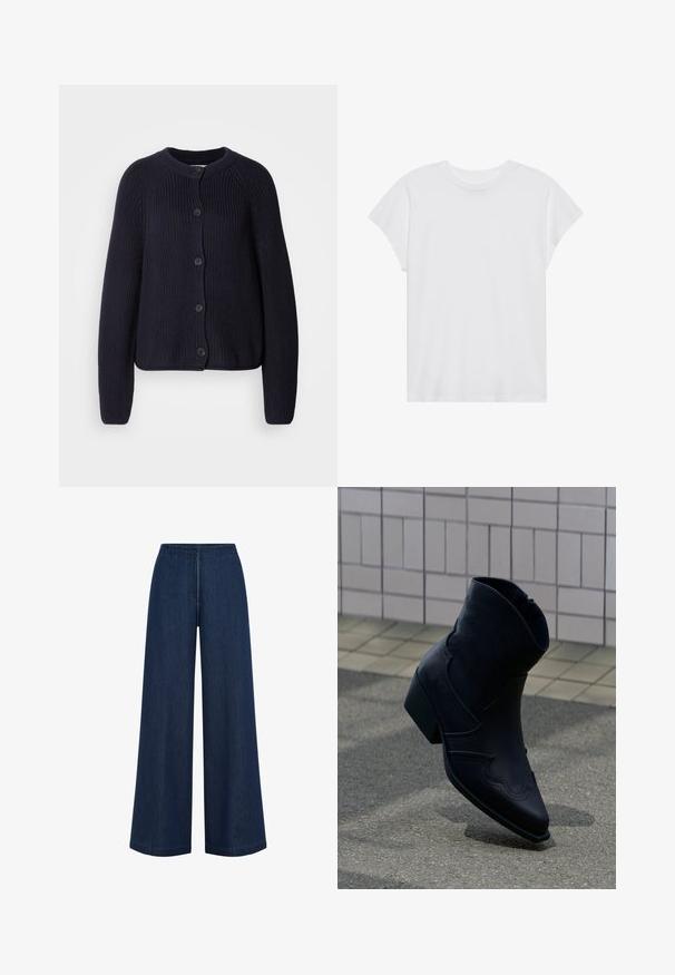 Marine gebreide cardigan met een textuurpatroon, ronde halslijn en een knoopsluiting aan de voorkant. Heeft lange mouwen en een cropped pasvorm.; Witte t-shirt met korte mouwen, ronde hals, relaxte pasvorm, gemaakt van zacht katoen. Glad textuur, geen patronen of logo's.; Brede donkerblauwe jeans met een rechte snit, gemaakt van denim. Heeft een hoge tailleband en subtiele naden. Geen zichtbare hardware.; Zwarte leren enkellaars met lage hak, decoratieve stiksels en puntige neus, rechtop geplaatst op een betegelde ondergrond naast een betegelde muur.